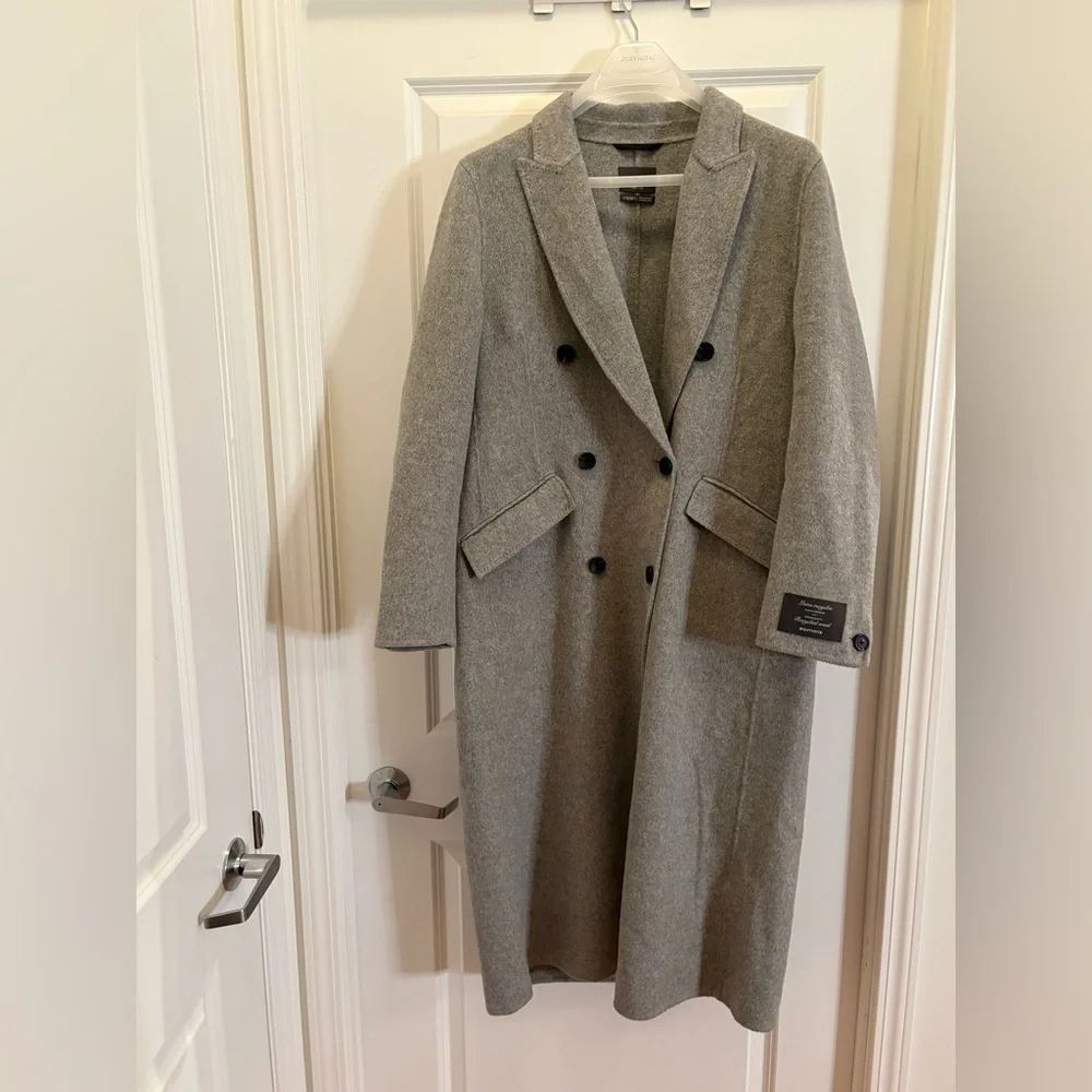 Simons Recycled Wool Blend Gray Double-Breasted Long Overcoat L/XL - Picture 4 of 14
